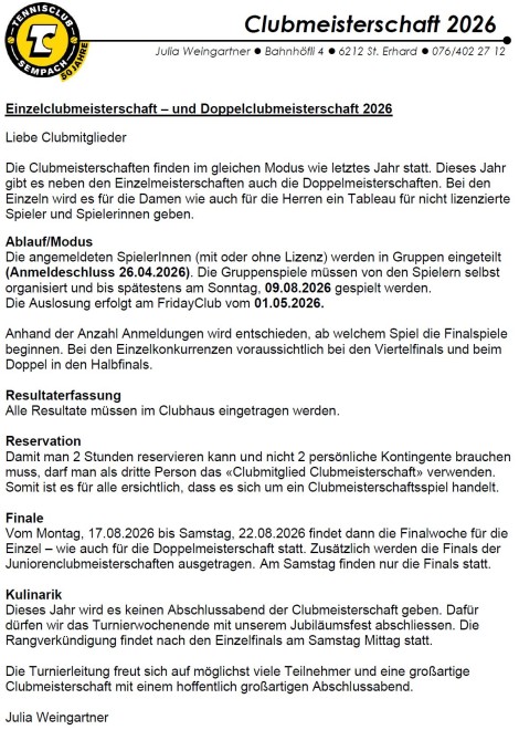 Ausschreibung Clubmeisterschaft 2026