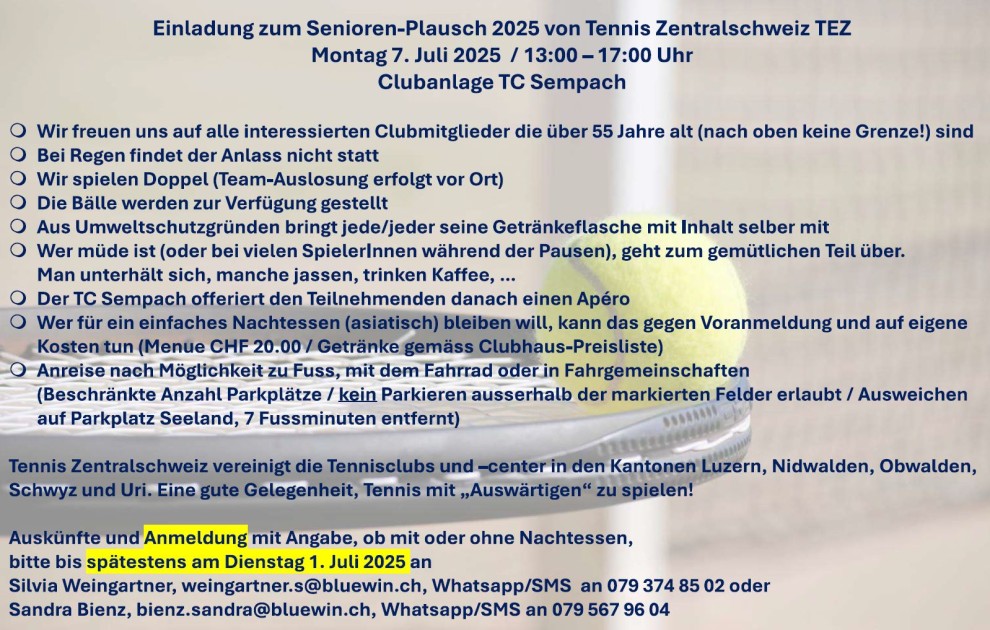 Einladung Senioren-Plausch 2025 beim TC Sempach